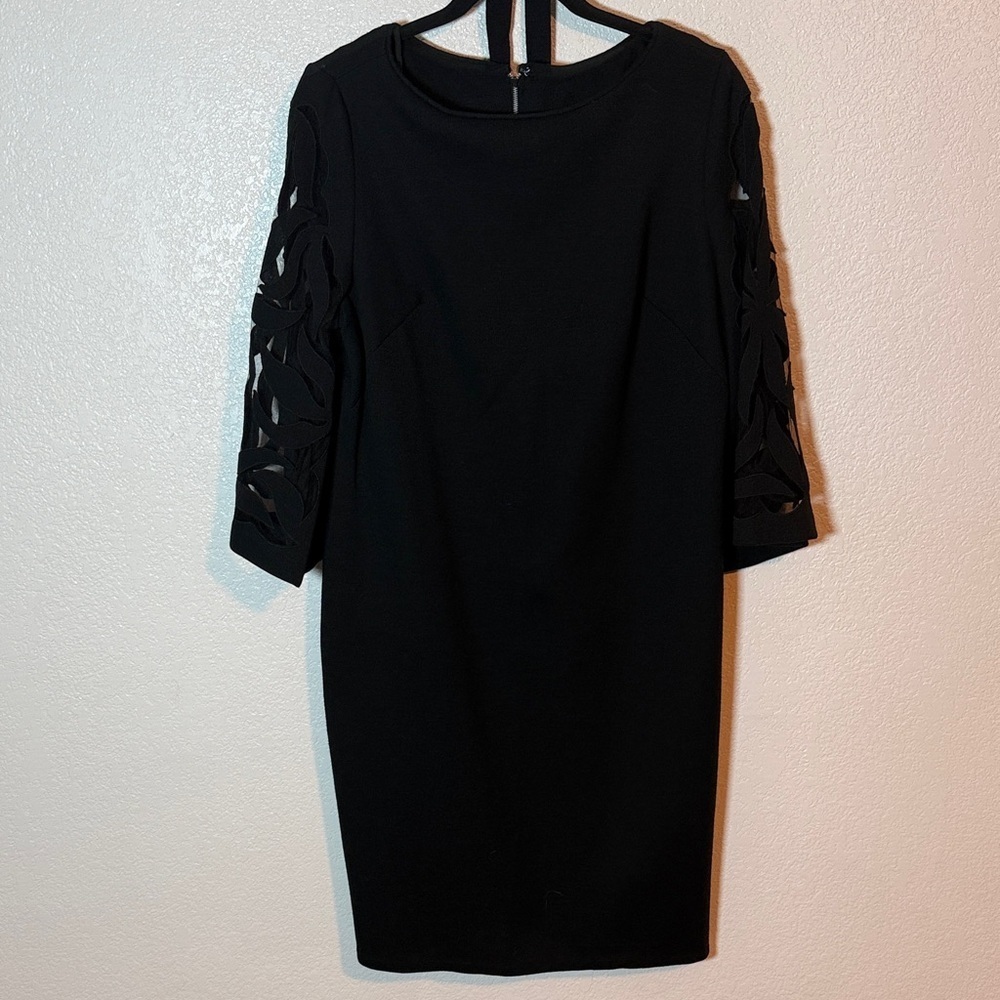 Vintage Abella Paris Black Shift Dress Mesh Appliqué Sleeves Size Large